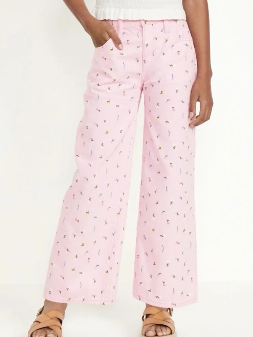 Old Navy High Rise Baggy Wide Leg Built-In Tough Pink Floral Denim Jeans Size 14